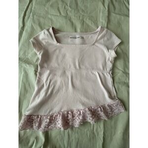 Abercrombie Kids Girls Size 7/8 Pink Top Lace Hem Short Sleeve Shirt Square Neck